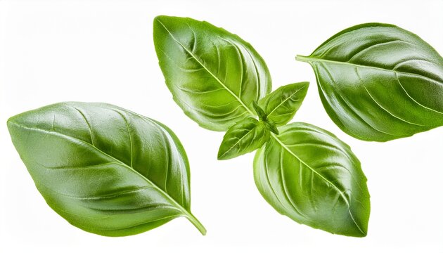 fresh basil leaves in air isolated on white background