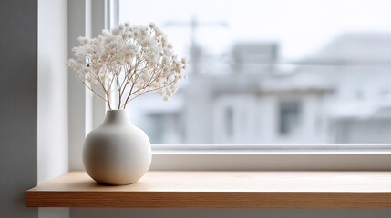 scandinavian. Minimalist Scandinavian interior featuring a single vase on a floating shelf, bathed in soft natural light. real-estate listings.