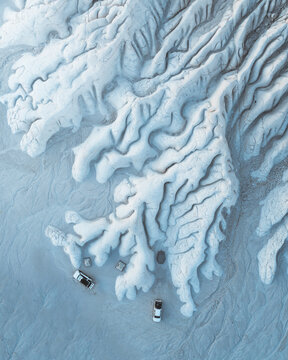 Aerial view of the vast, undulating chalk cliffs with intricate erosion patterns, under a soft, diffused light, creating a serene, almost lunar landscape, Mangystau Region, Kazakhstan.