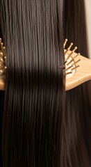 Professional Wooden Brush Gliding Through Glossy Straight Hair