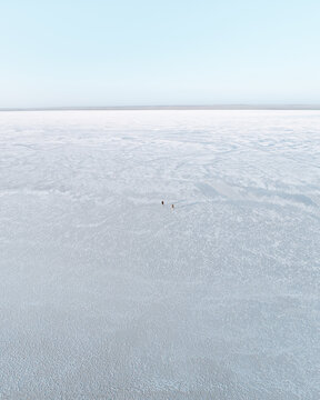 Aerial view of a vast, desolate expanse of white salt flats stretching to the horizon under a pale sky, creating a stark, minimalist landscape, Mangystau Region, Kazakhstan.