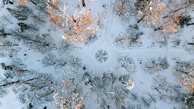 Aerial view of snow-dusted trees and pathways create a stark winter pattern in the city park, Sremska Mitrovica, Vojvodina, Serbia.