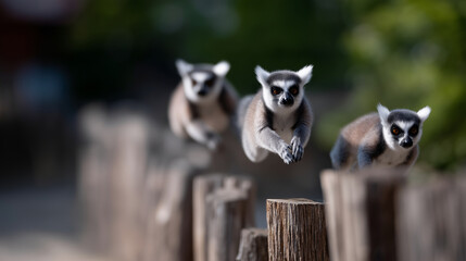 Obraz premium Lemurs jumping dynamically between wooden posts in the Madagascar zone at Wroclaw Zoo, playful motion captured mid-air, natural habitat enclosure, children watching with amazement
