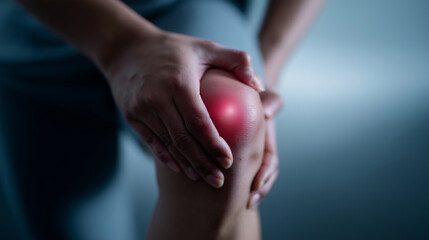 Macro close-up of hands holding knee with glowing internal joint anatomy illustration, red inflammation points around cartilage area, soft blue gradient medical backdrop, minimal c