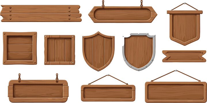 Rustic Wooden Signboard and Shield Frame Collection with Hanging Plaques and Empty Timber Banners for Medieval Game UI and Interface Design.