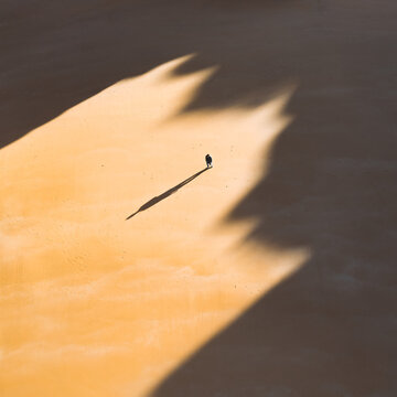 Aerial view of a solitary figure standing on the sun-drenched sand, casting a long, stark shadow, creating a dramatic contrast of light and dark, Alvor, Faro, Portugal.
