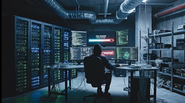 Anonymous hacker in black hoodie using multiple monitors for cyber attack in server room data transfer background