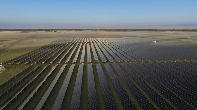 Aerial view of rows of solar panels stretching across the landscape under a clear blue sky, casting long shadows in the morning light, West Palm Beach, Florida, United States.
