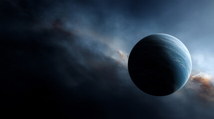 Close-up of Neptune with detailed atmospheric bands, faint cloud swirls, illuminated rim light, glowing nebula clouds in the distance, high-density starfield, photorealistic space