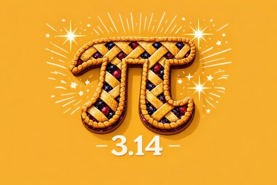 Pi symbol pie with berries and 3.14 on orange background