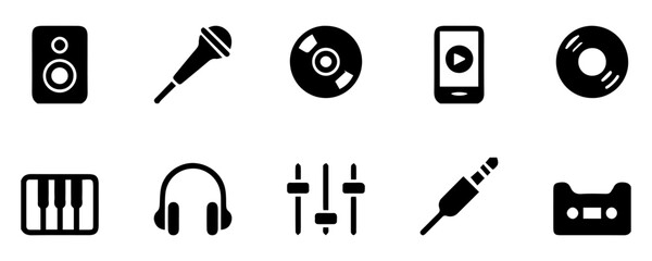 Fototapeta premium Collection of Black and White Music Instruments and Equipment Icons
