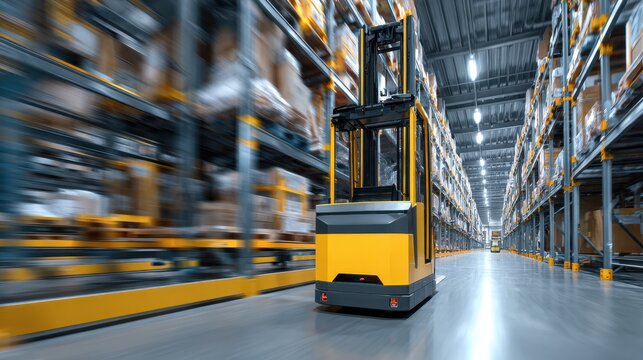 Autonomous forklift operating in a modern automated warehouse.