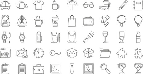 Fototapeta premium Lifestyle and Personal Accessories Line Icons Set Featuring Clothing Coffee Jewelry Travel and Office Essentials Vector Collection