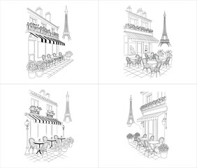 four hand drawn parisian street cafe sketches featuring eiffel tower views and terrace bistro scenes with line art design vector illustration artwork © RNDM LineArt Design
