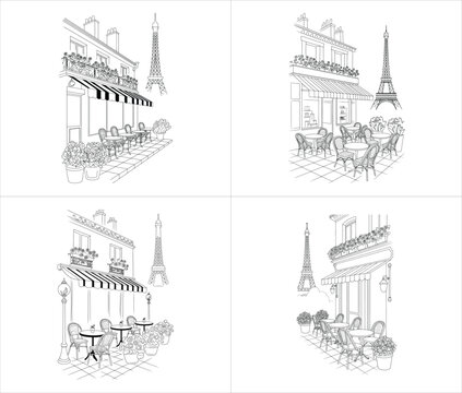 four hand drawn parisian street cafe sketches featuring eiffel tower views and terrace bistro scenes with line art design vector illustration artwork