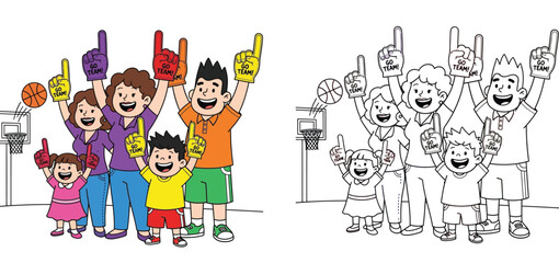 Obraz premium Cheering Family at Basketball Game - Enthusiastic Fans with Foam Fingers