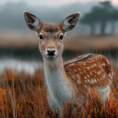 Young Fallow Deer in Autumn Field.