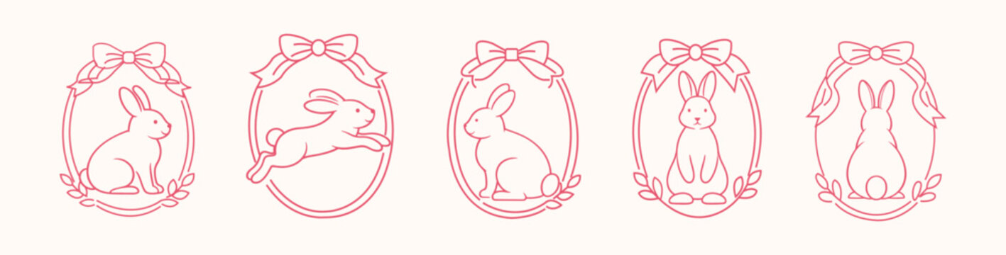 Easter bunny line art eggs frame set with bow. Minimal pink outline vector collection