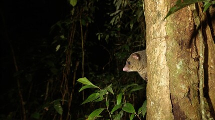 Obraz premium potto. Tropical rainforest at dusk with a potto clinging to a tree. ESG reports, sustainability campaigns, designed for environmental awareness campaigns, used by supply chain planners.