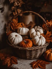 of an autumn pumpkin basket arrangement filled with white and orange pumpkins, surrounded by seasonal leaves, warm natural lighting, cozy fall atmosphere, rustic harvest composition for seasonal 