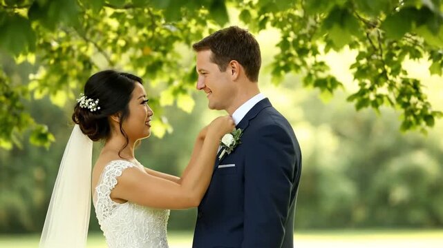Newlyweds share a tender, affectionate moment outdoors, celebrating their profound love and commitment under nature's serene canopy
