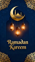 Elegant Ramadan Kareem greeting with lanterns and crescent moon