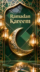 Elegant Ramadan Kareem greeting card with golden crescent moon lanterns