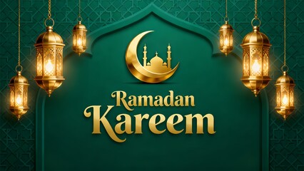 Elegant Ramadan Kareem greeting with golden crescent moon and mosque