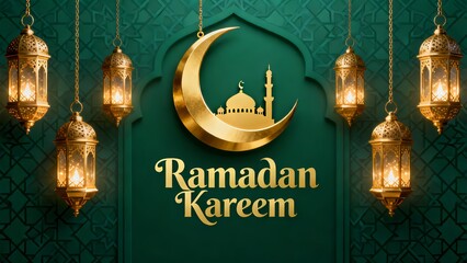 Elegant Ramadan Kareem greeting with golden crescent moon and mosque