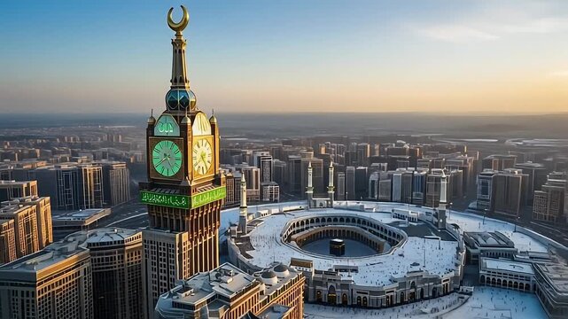 Mecca Grand Mosque Kaaba and Abraj Al-Bait Clock Tower at Golden Hour.