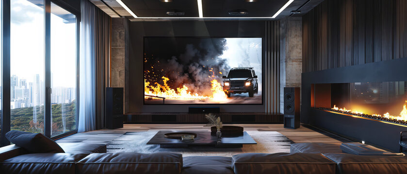 Stylish contemporary living room featuring a large wall-mounted screen displaying an intense car action scene with fire and smoke, premium sound system, panoramic city view, and elegant fireplace 