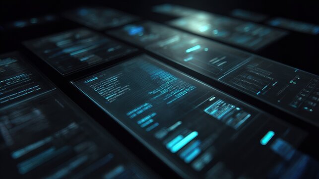 Holographic Code Interface with Glowing Blue Panels Isolated on Dark Gradient Background for Futuristic Tech and Vibe Coding Concept