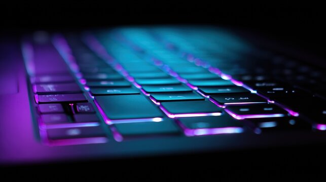 futuristic laptop typing device with neon backlight isolated on dark background tech product presentation