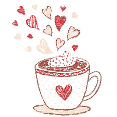 Romantic hot cocoa in a mug with heart-shaped steam for holiday greeting cards and social media