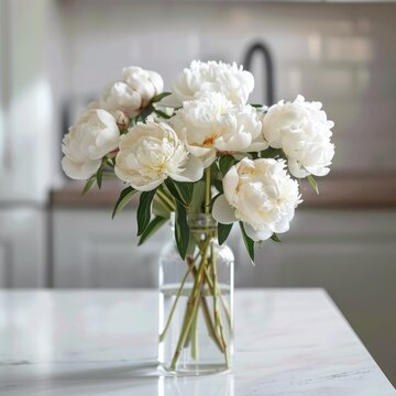 luxury white peony bouquet in a glass vase, modern kitchen table, realistic photo interior
