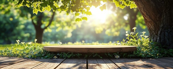 Naklejka premium Serene wooden podium under sunlight in lush green garden