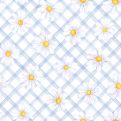 Seamless Watercolor Chamomile Pattern on Soft Blue Lattice Background