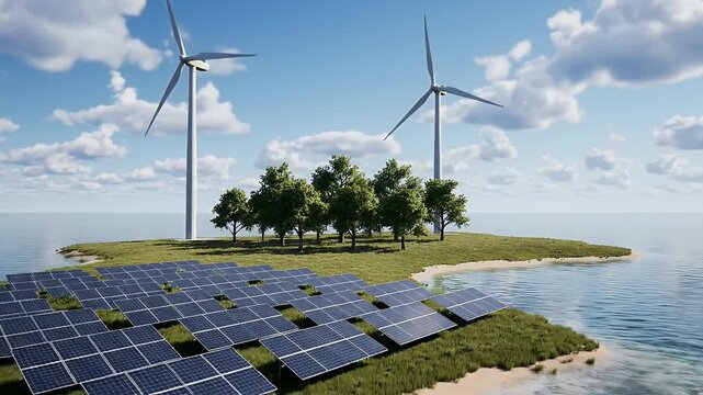 Floating renewable energy island featuring solar panels and wind turbines above calm blue water.