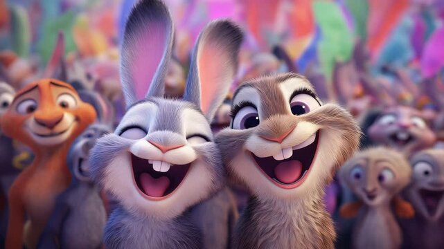 Two animated rabbits with expressive faces are smiling joyfully in a vibrant crowd, showcasing a lively atmosphere filled with various animal characters and colorful backgrounds