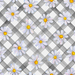 Seamless Watercolor Chamomile Pattern on Grey Lattice Background