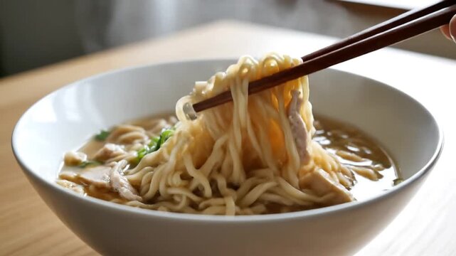 Hot Japanese ramen noodle soup with fresh green onions