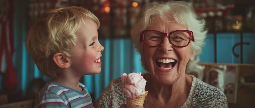 Grand mother and nephew having icream
