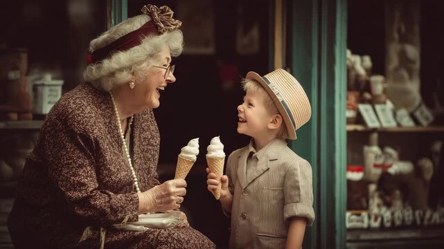 Grand mother and nephew having icream