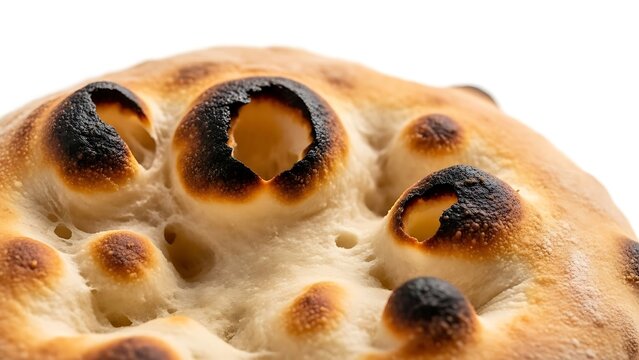 A close-up view of a freshly baked bread with burnt spots on its surface