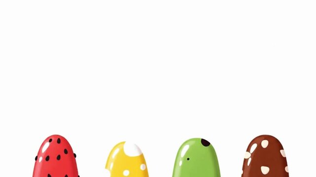 Four colorful popsicles on wooden sticks with different toppings and flavors