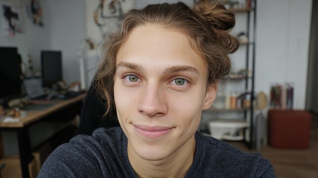Portrait of Young Man with Low Bun