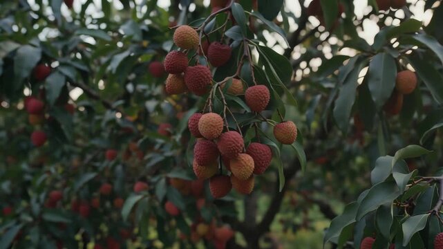 Ripe lychee fruits hanging from a lush green tree in an orchard viewed from a close-up perspective.