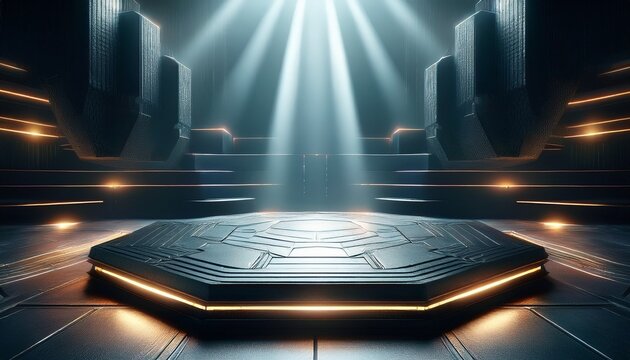 dark textured hexagonal platform bathed in dramatic light rays sci fi stage