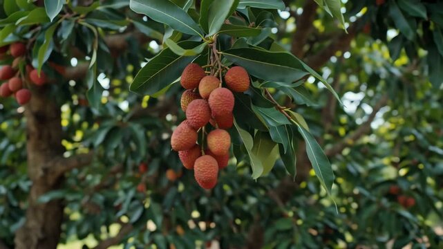 A cluster of ripe lychees hanging from a lush lychee tree branch surrounded by green leaves in a serene orchard environment