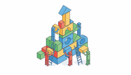 Fototapeta premium Teamwork and Collaboration Isometric Flat Vector Illustration on White Background. Clean isometric flat vector illustration of a business team working together, representing teamwork and collaboration